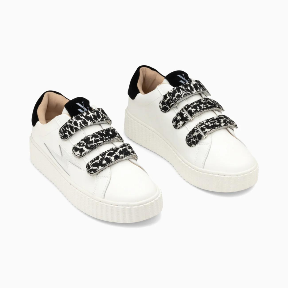 Baskets éclair Lyanna blanc et argent à scratchs léopard noirs - Image 4