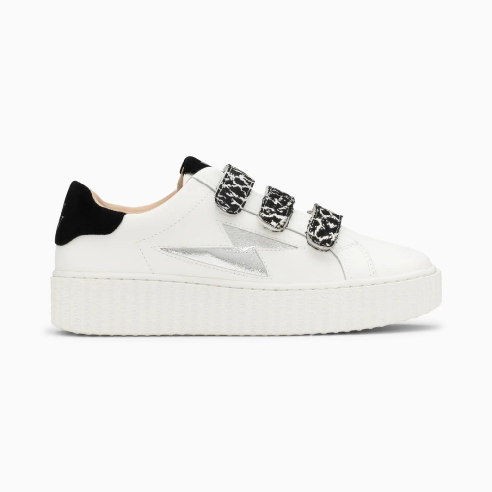 Baskets éclair Lyanna blanc et argent à scratchs léopard noirs