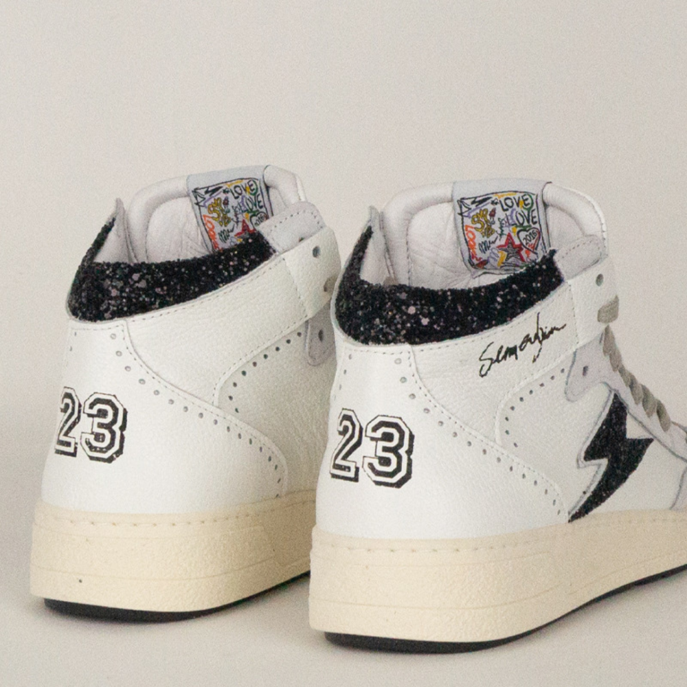 BASKETS BRAGA MONTANTES CUIR BLANC GLITTER NOIR 10092 - Image 2